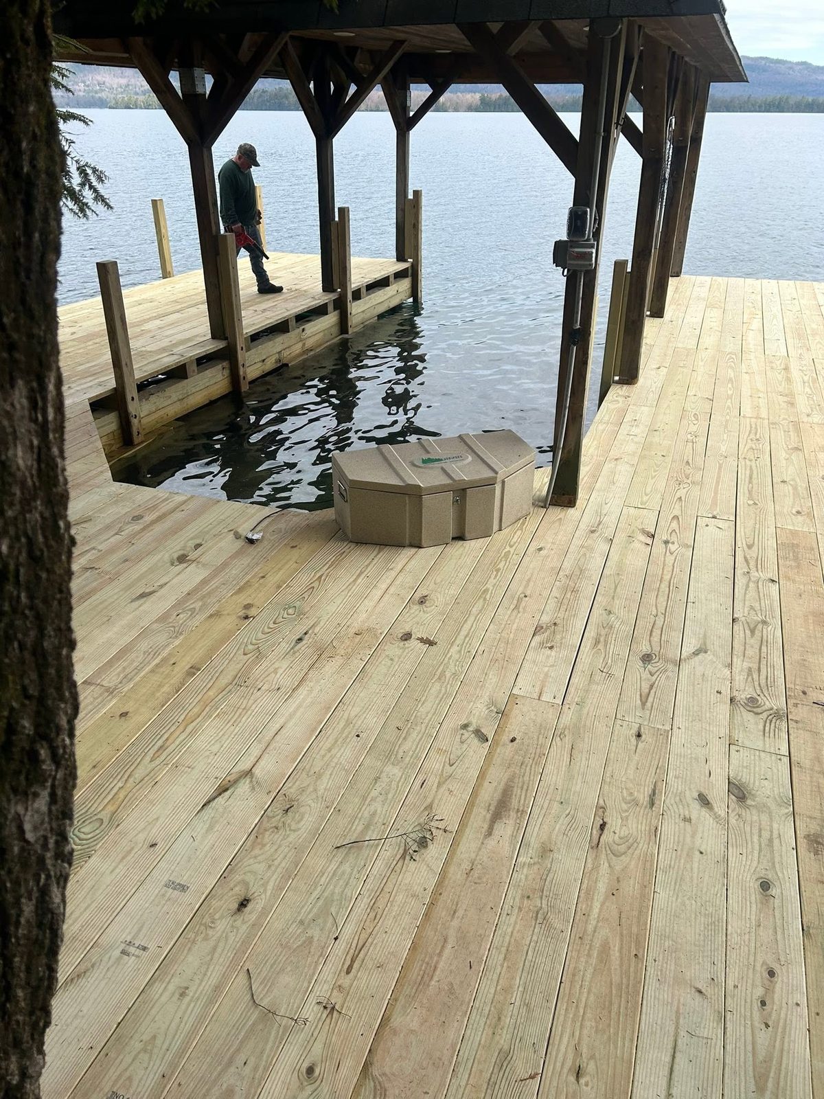 Newly finished timber crib dock on Lake George