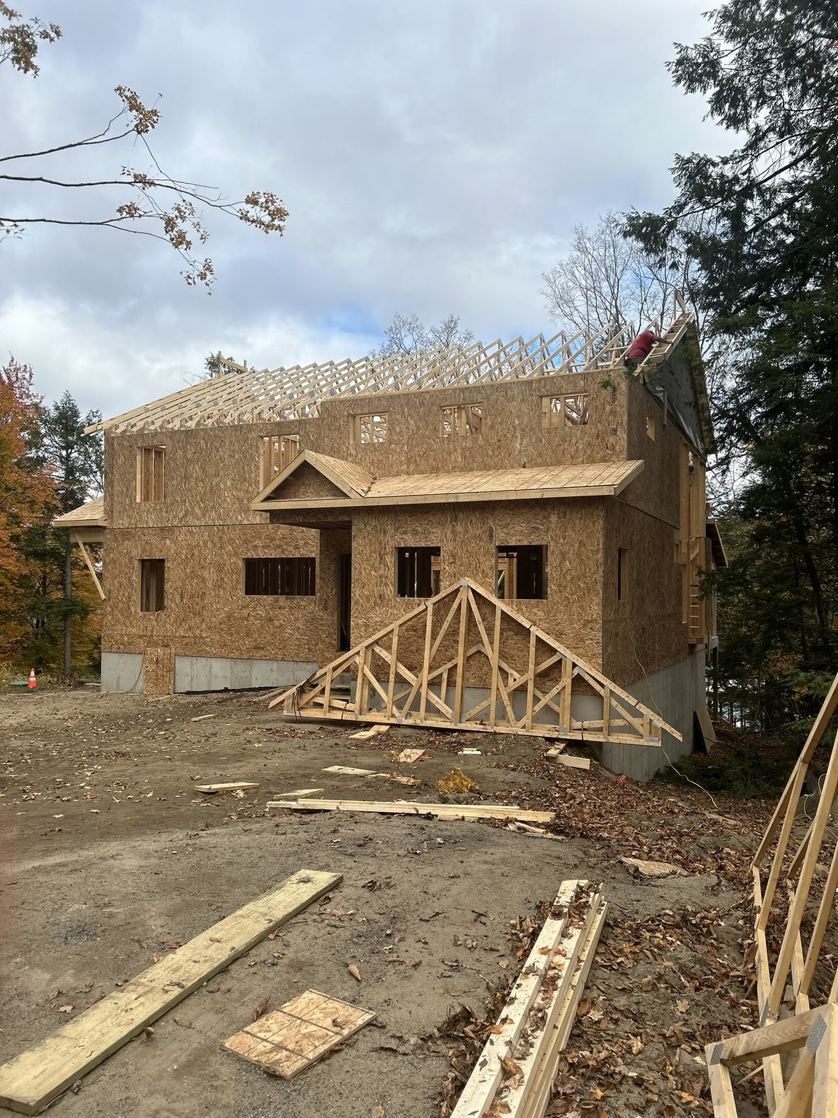 Second-story framing and roof structure on a home addition